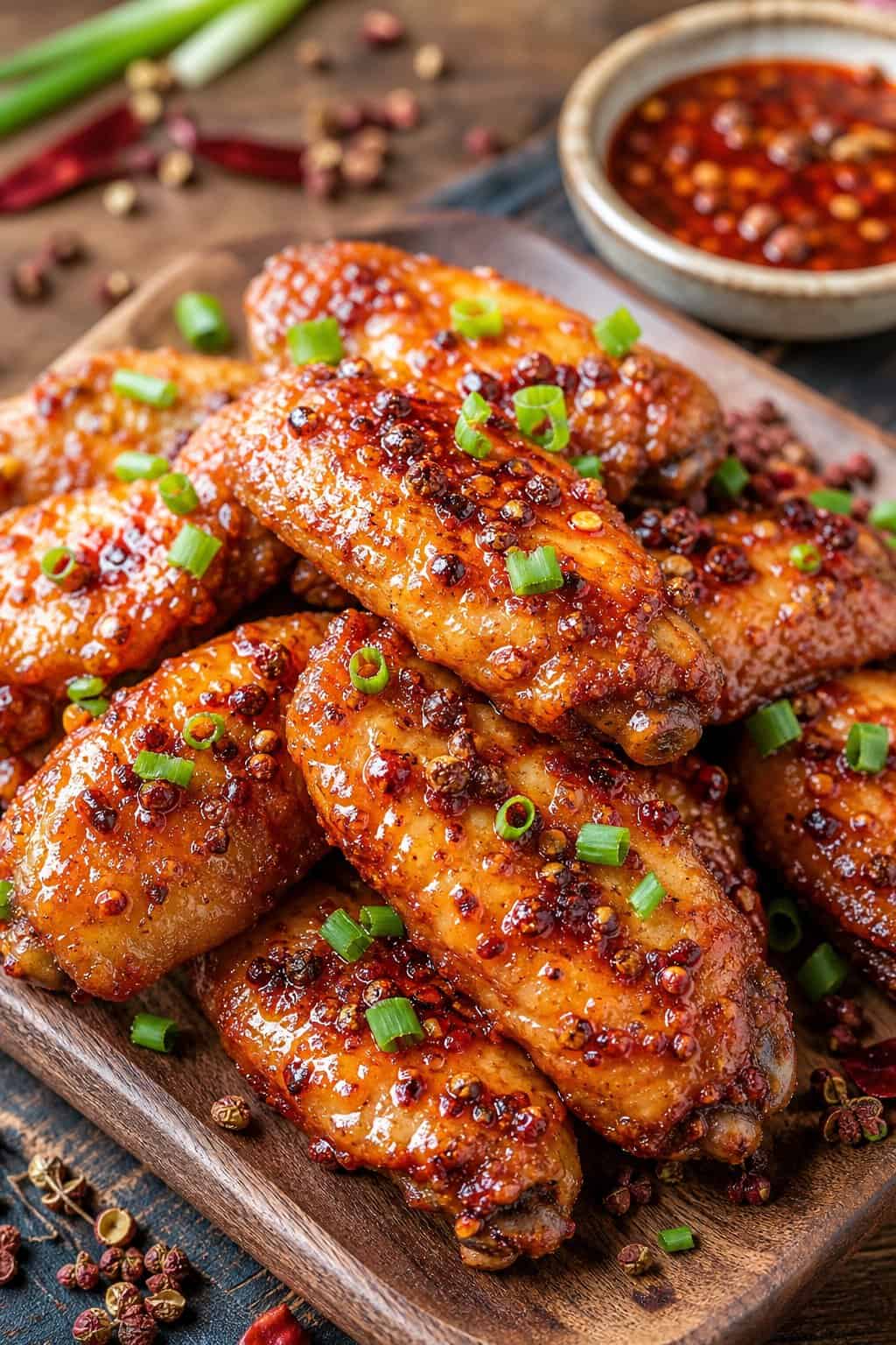 22 Chicken Wing Recipes for Game Day and Beyond 20 A plate of spicy Szechuan peppercorn chicken wings garnished with scallions and accompanied by a small bowl of dipping sauce.