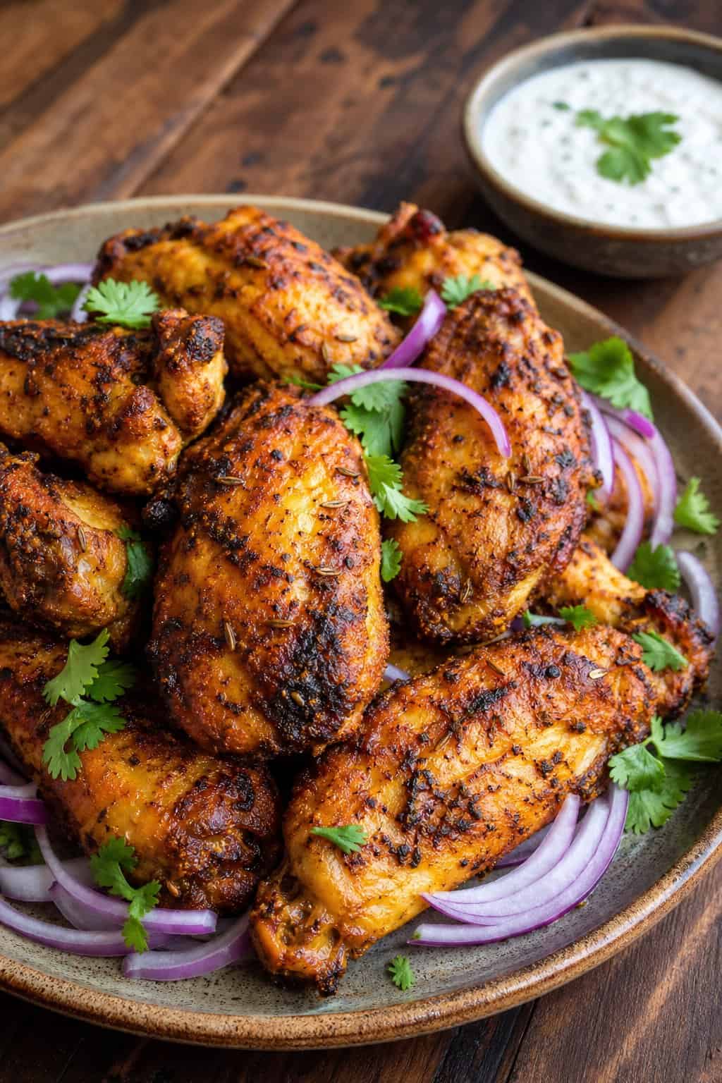 22 Chicken Wing Recipes for Game Day and Beyond 11 Plate of golden-brown tandoori yogurt-marinated chicken wings garnished with cilantro and red onions, served with a bowl of dipping sauce on a wooden table.