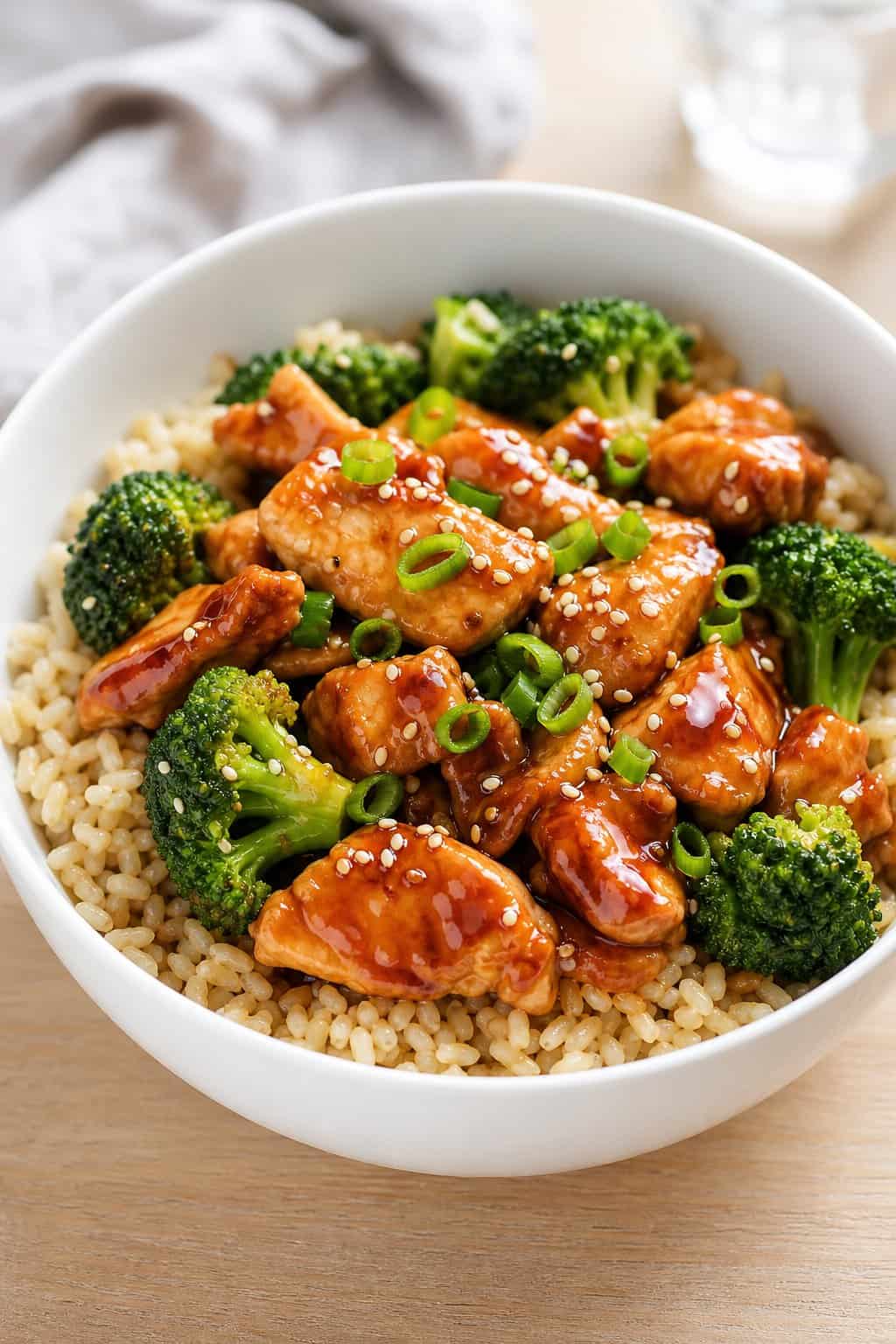 A bowl of teriyaki chicken with broccoli and brown rice on a wooden surface.