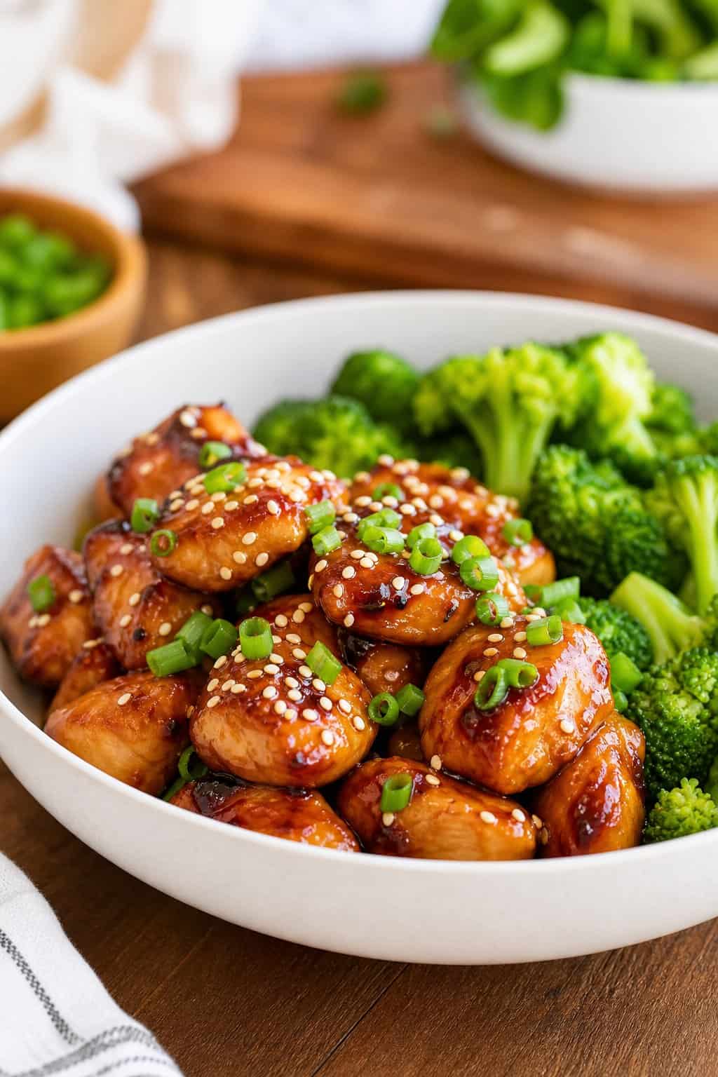 A bowl of teriyaki chicken with broccoli on a wooden table.