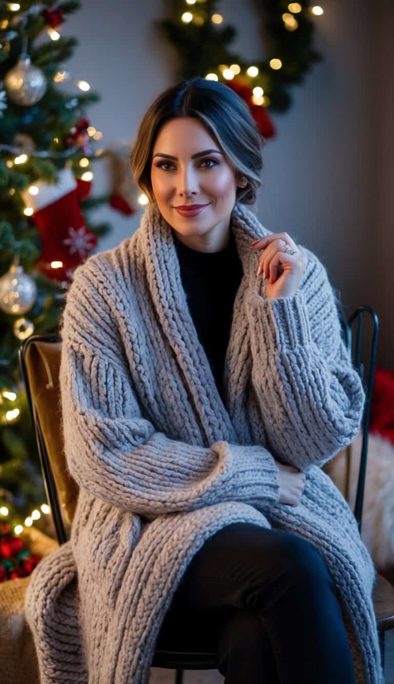 A cozy, oversized knit cardigan draped over a chair, surrounded by festive decorations and twinkling lights