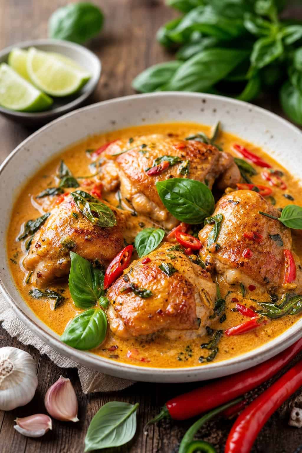 A bowl of Thai coconut curry chicken thighs garnished with fresh basil on a wooden table with fresh ingredients around it.