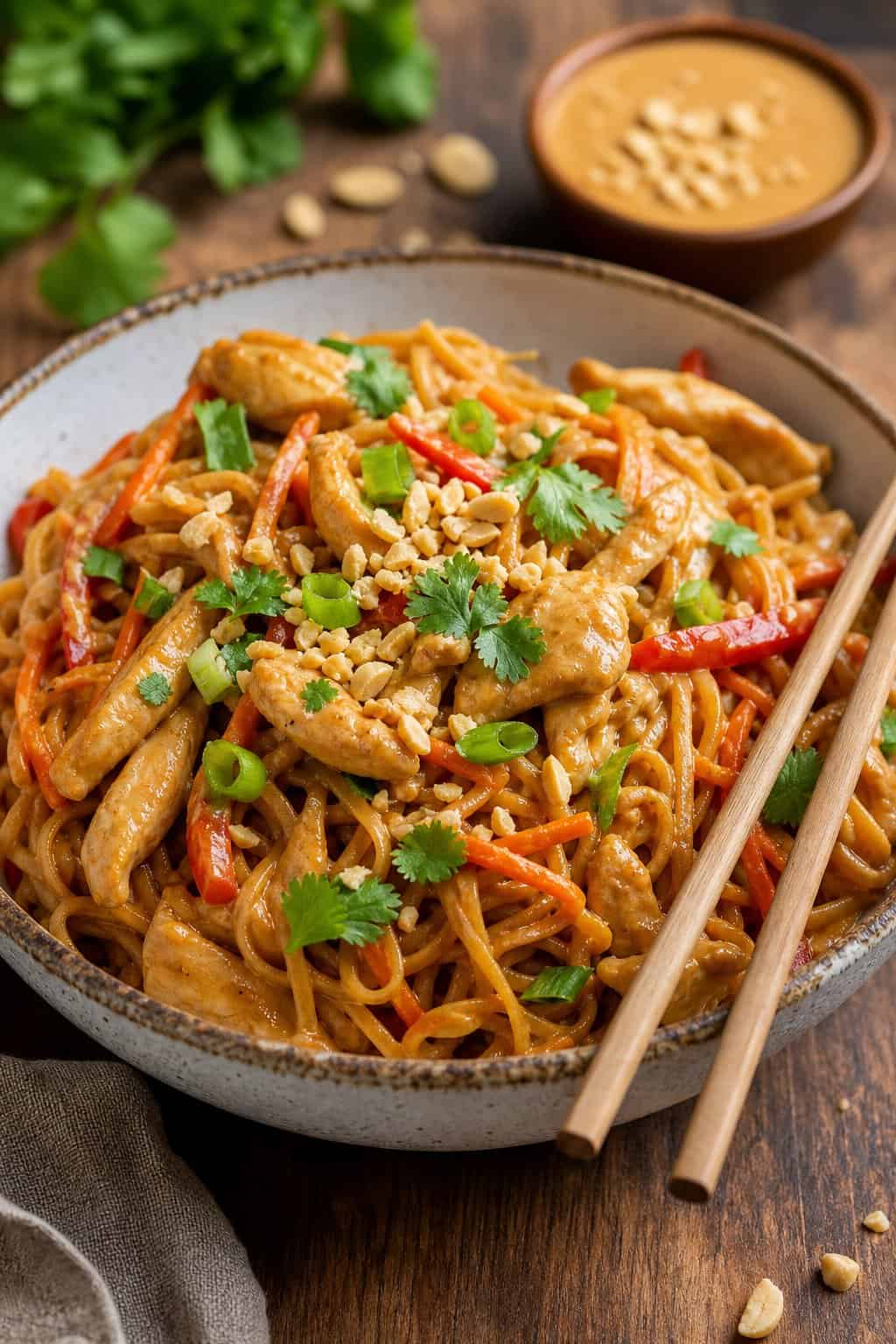 A bowl of Thai peanut chicken and noodles garnished with fresh cilantro and crushed peanuts, with chopsticks resting on the bowl on a wooden table.
