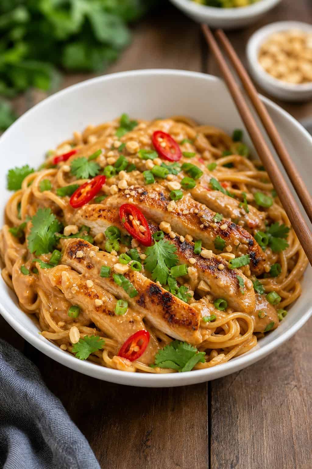 A bowl of Thai peanut chicken noodles garnished with green onions, crushed peanuts, cilantro, and red chili slices on a wooden table.