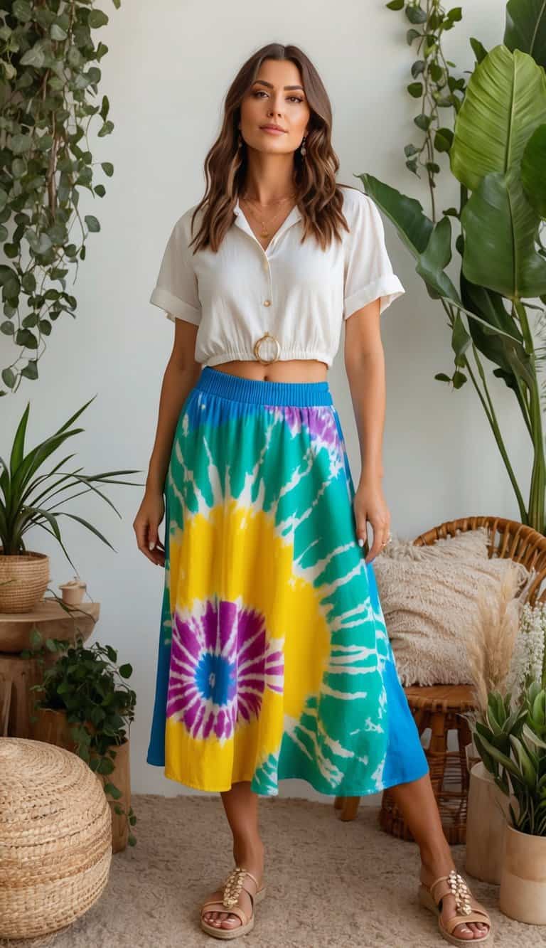 A colorful tie-dye midi skirt surrounded by bohemian accessories and greenery, creating a relaxed and stylish atmosphere