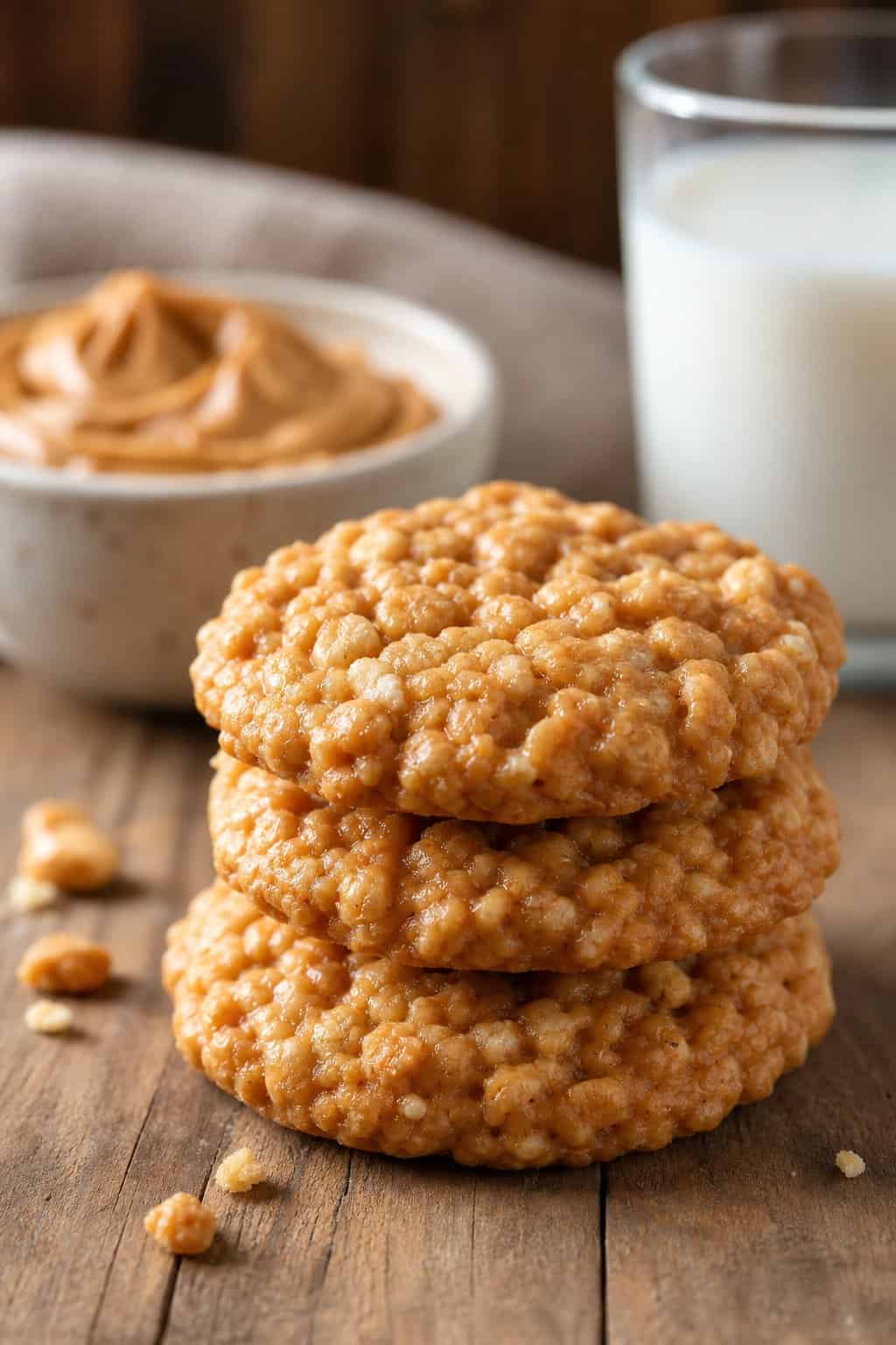 Three peanut butter crispies stacked on a wooden surface with a bowl of peanut butter and a glass of milk in the background.