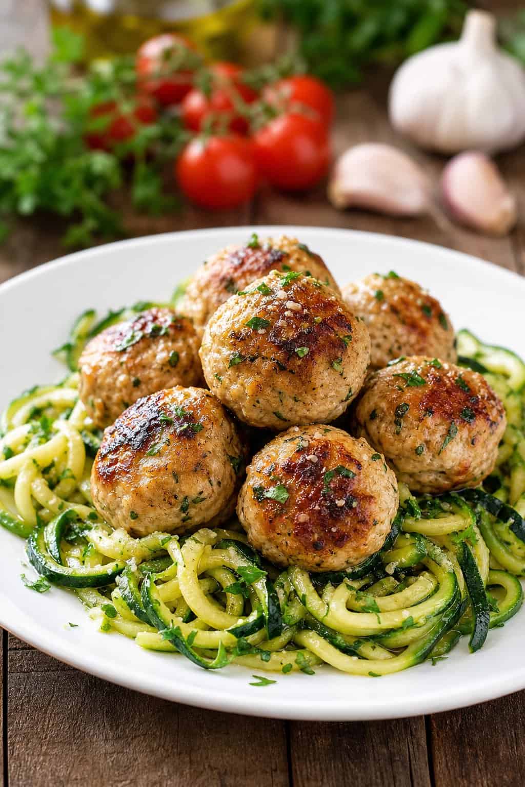 A plate of turkey-chicken meatballs served with zucchini noodles on a wooden table with fresh ingredients in the background.