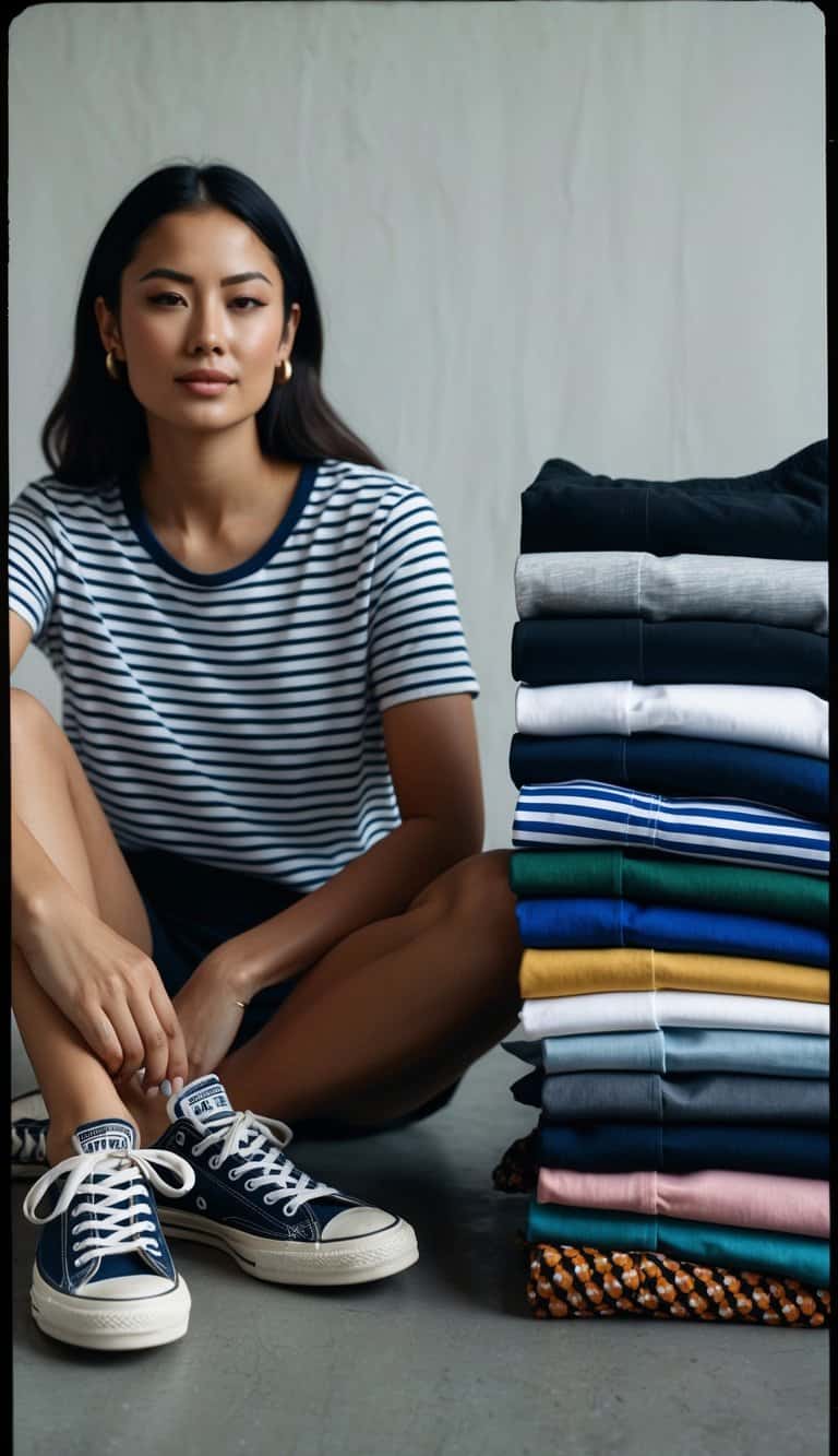 A neatly folded striped tee and pair of Converse sneakers next to a stack of biker shorts in various colors and patterns