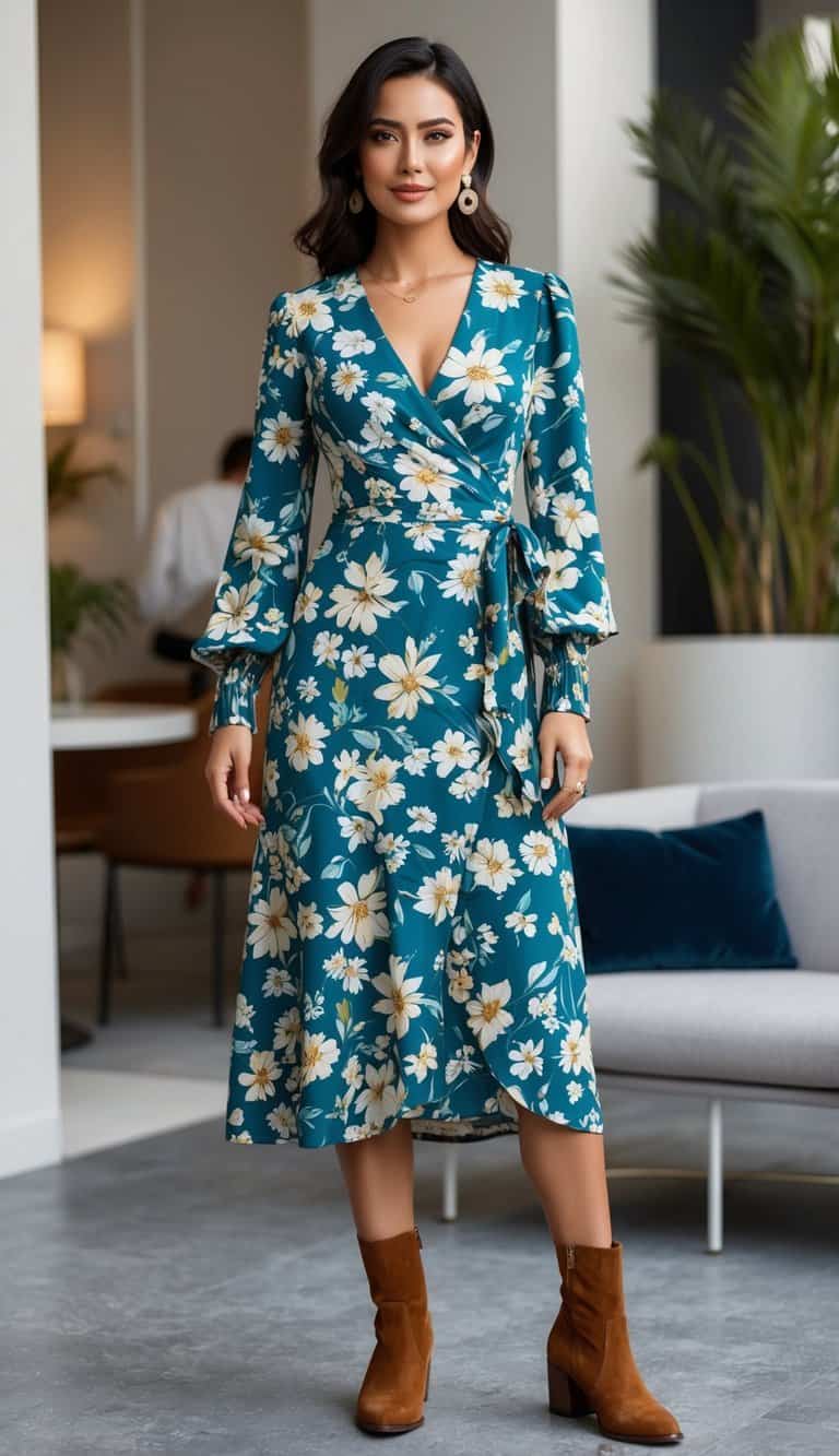 12 Chic Classy Outfit Ideas for Every Occasion That Will Make You Shine! 12 A floral wrap dress paired with ankle boots, set against a backdrop of a chic and stylish environment, exuding sophistication and versatility