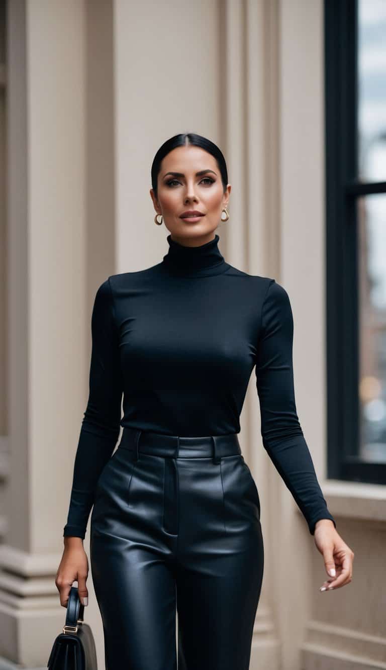 14 All-Black Outfit Ideas for Women to Embrace the Classics and Feel Confident! 8 A woman stands in a sleek all-black outfit, wearing a classic turtleneck top. She exudes timeless elegance and confidence