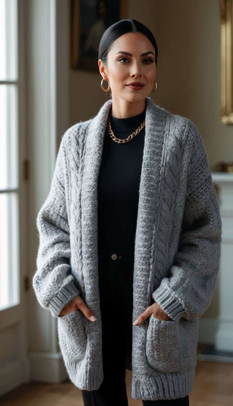 14 All-Black Outfit Ideas for Women to Embrace the Classics and Feel Confident! 11 A woman wearing an oversized cozy cardigan, paired with all-black outfit, standing in a classic setting