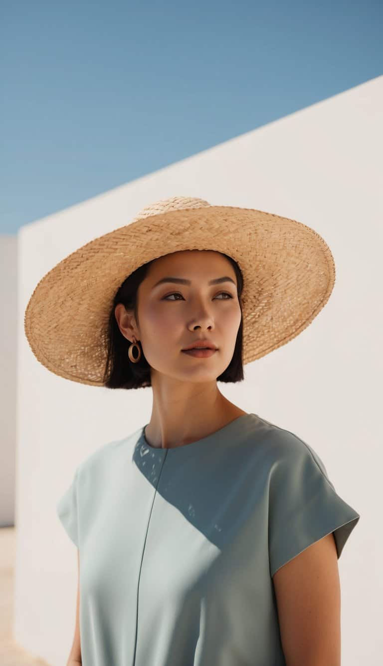 15 Minimalist Summer Outfit Ideas for Effortless Chic: Discover Your Perfect Look! 7 A wide-brimmed straw hat on a simple, modern outfit, set against a sunny, minimalist backdrop