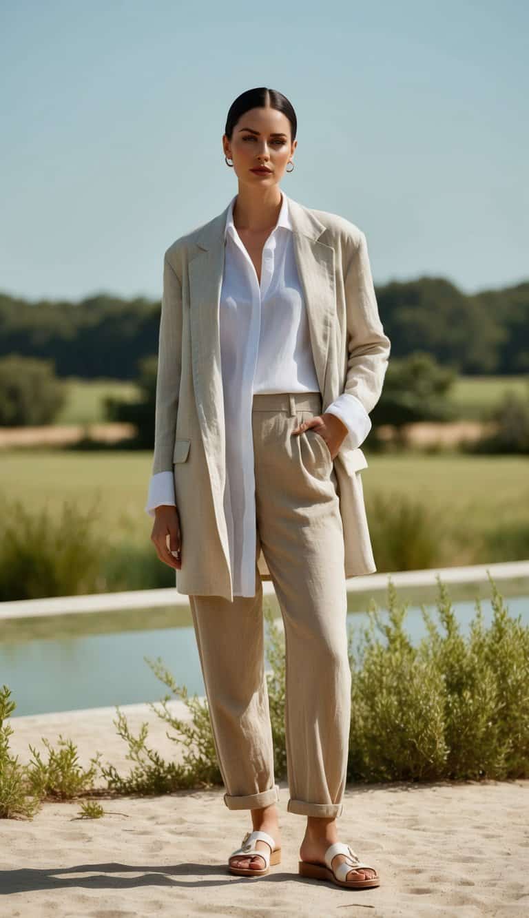 15 Minimalist Summer Outfit Ideas for Effortless Chic: Discover Your Perfect Look! 9 A linen blazer draped over a simple white shirt, paired with neutral-toned bottoms and sandals, set against a backdrop of a serene summer landscape