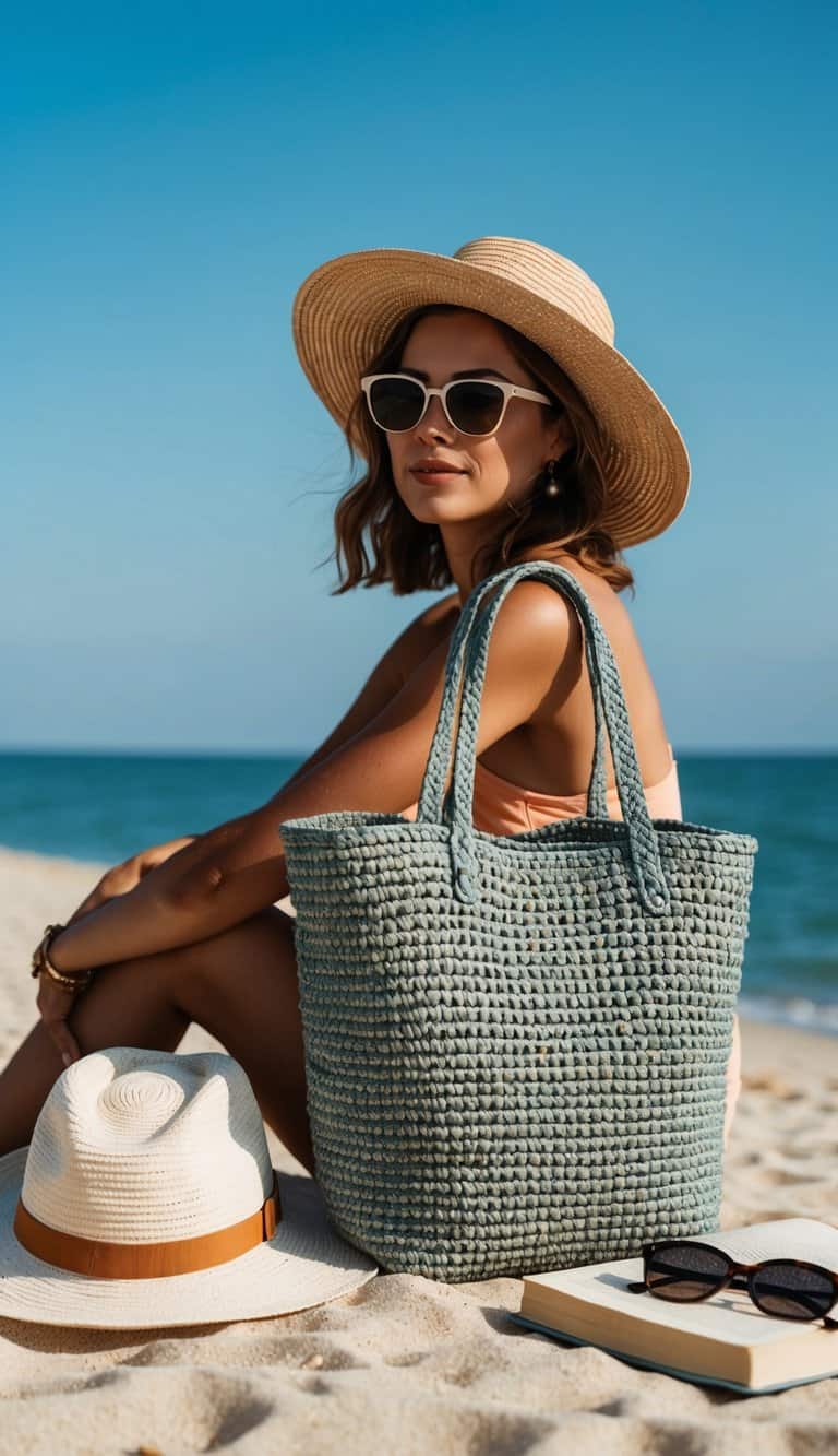 15 Minimalist Summer Outfit Ideas for Effortless Chic: Discover Your Perfect Look! 12 A woven tote bag sits on a sandy beach next to a sun hat, sunglasses, and a book, with a clear blue sky in the background