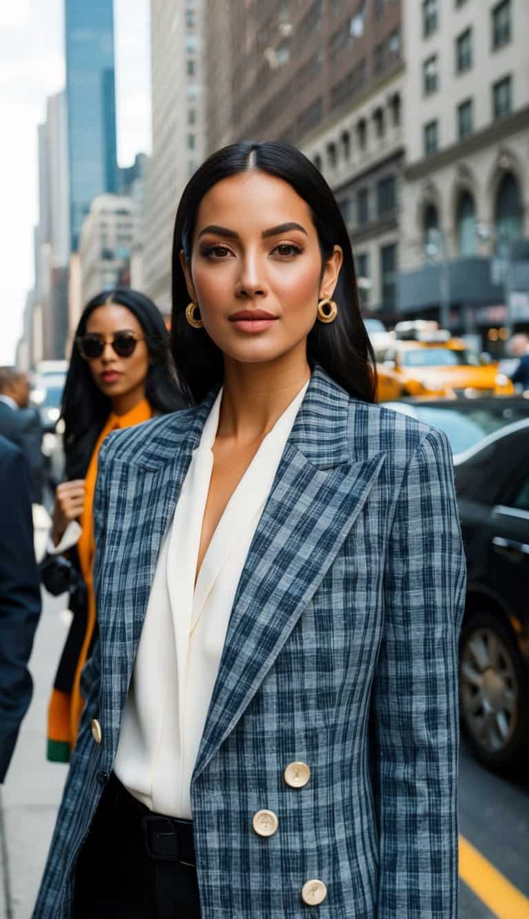 14 New York-Inspired Outfit Ideas for Urban Flair That Will Transform Your Style! 3 A bustling city street with diverse fashionistas showcasing New York-inspired outfits, including the iconic Empire State Blazer. Skyscrapers and taxis fill the background