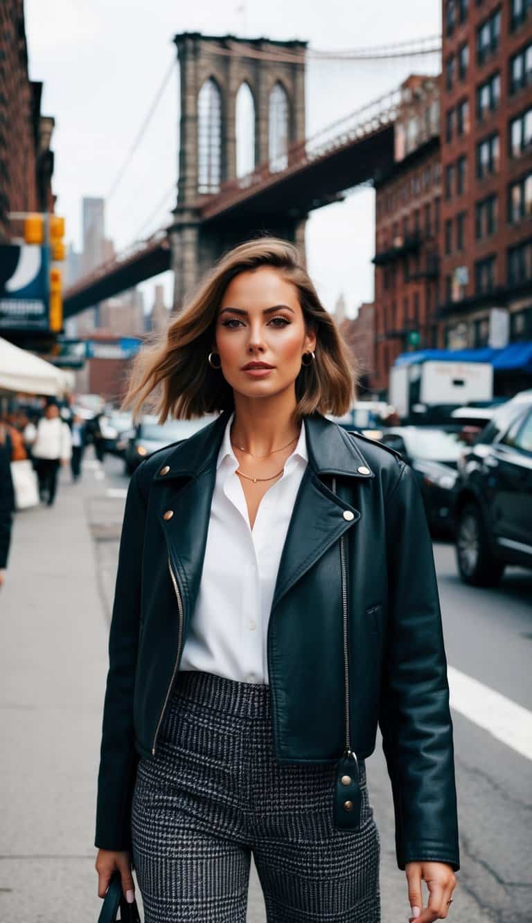 14 New York-Inspired Outfit Ideas for Urban Flair That Will Transform Your Style! 4 A bustling city street with the Brooklyn Bridge in the background, featuring trendy urban fashion