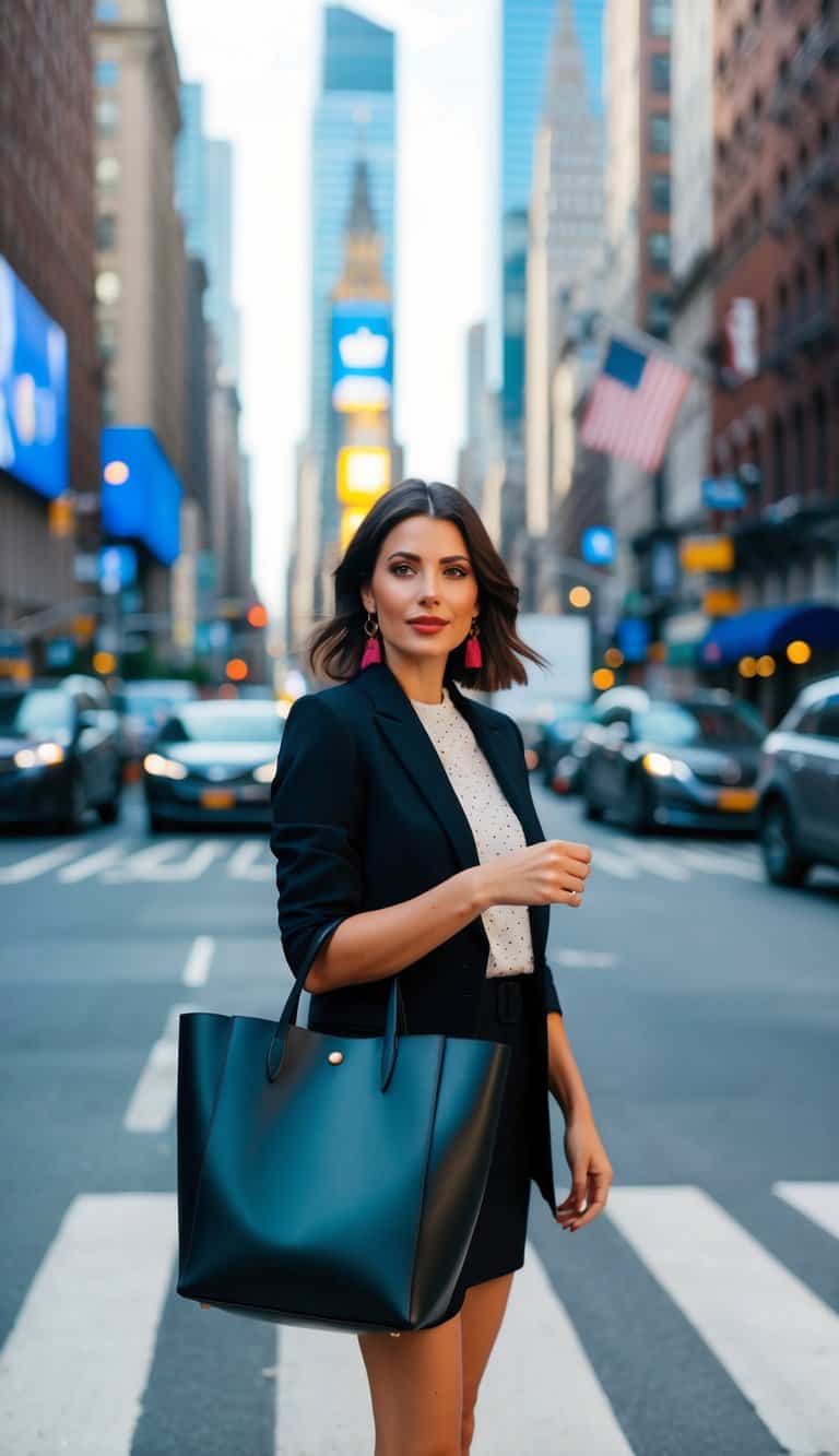 14 New York-Inspired Outfit Ideas for Urban Flair That Will Transform Your Style! 9 A bustling city street with a stylish tote bag, surrounded by iconic New York landmarks and fashion-forward urban outfits