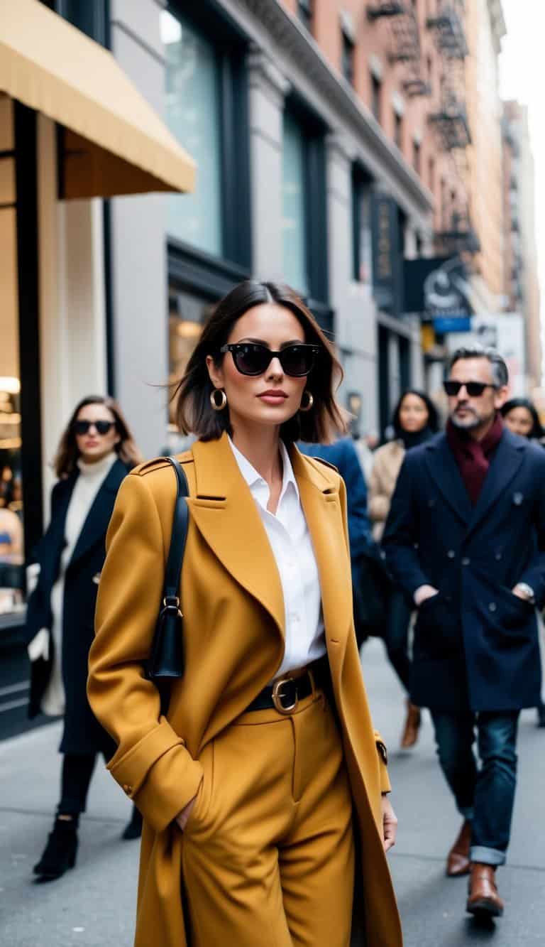 14 New York-Inspired Outfit Ideas for Urban Flair That Will Transform Your Style! 10 A bustling city street with stylish storefronts and people walking by, wearing trendy New York-inspired outfits and sunglasses