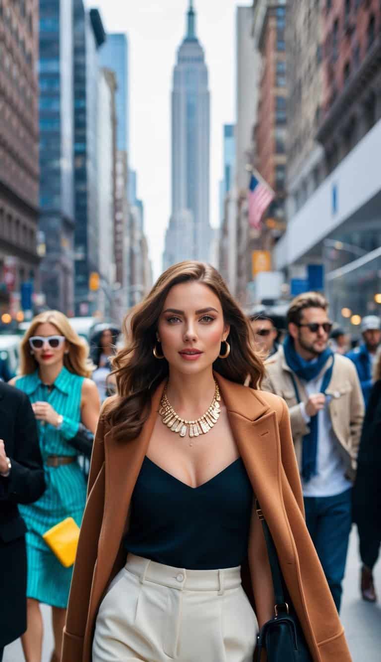 14 New York-Inspired Outfit Ideas for Urban Flair That Will Transform Your Style! 12 A bustling city street with people in trendy New York-inspired outfits, featuring the iconic Empire State Necklace as a focal point
