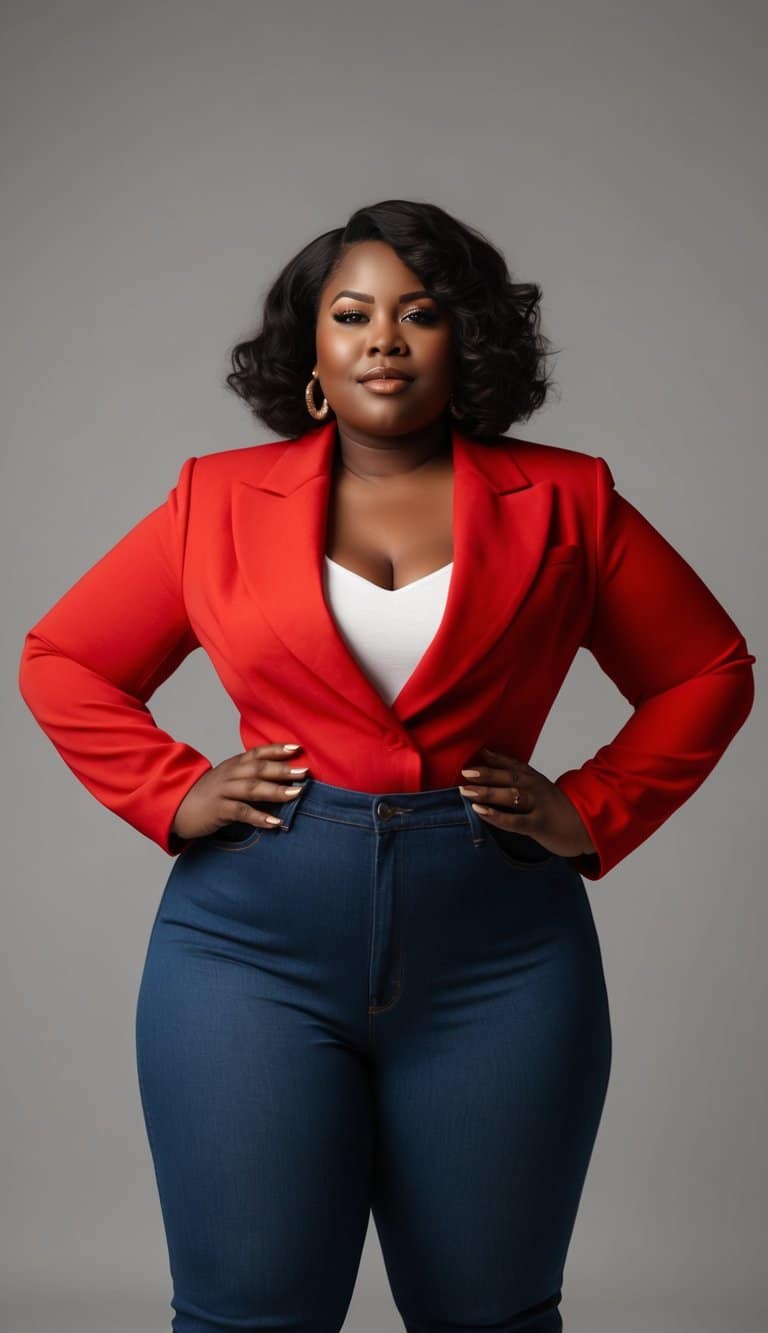 13 Blazer Outfit Ideas for Plus Size Women That Will Make Heads Turn! 2 A plus-size woman in a bold red blazer and high-waisted jeans commands attention with confidence and style