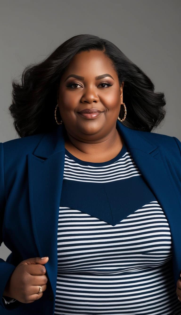 13 Blazer Outfit Ideas for Plus Size Women That Will Make Heads Turn! 5 A plus size woman in a navy blue blazer with a striped shirt, exuding confidence and commanding attention