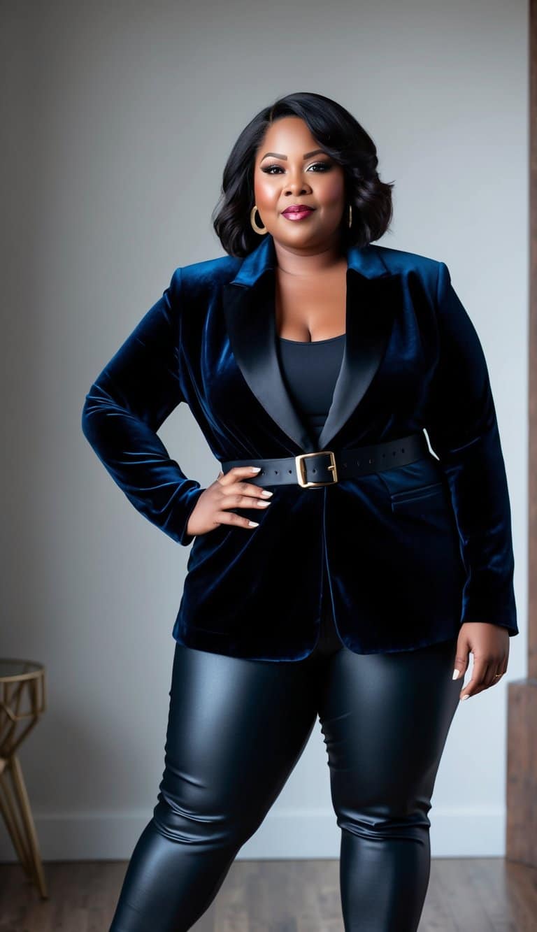 13 Blazer Outfit Ideas for Plus Size Women That Will Make Heads Turn! 6 A plus size woman in a velvet blazer and faux leather leggings, standing confidently with commanding presence