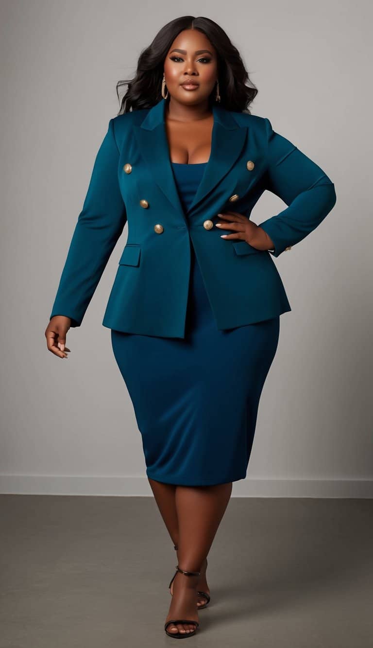13 Blazer Outfit Ideas for Plus Size Women That Will Make Heads Turn! 8 A plus size woman confidently struts in a double-breasted blazer over a stylish midi dress, commanding attention with her fashionable ensemble