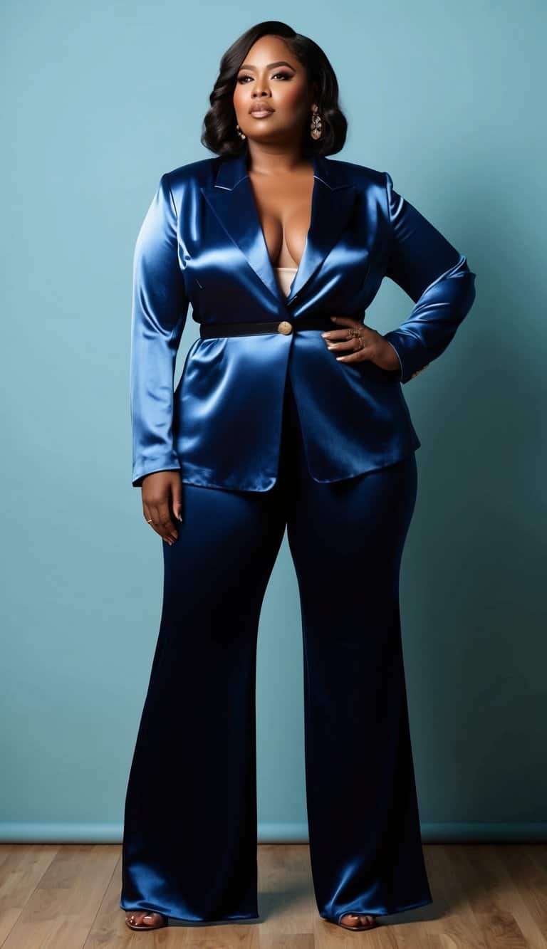 13 Blazer Outfit Ideas for Plus Size Women That Will Make Heads Turn! 10 A confident plus-size woman in a luxe satin blazer and wide-leg trousers, commanding attention with her stylish outfit