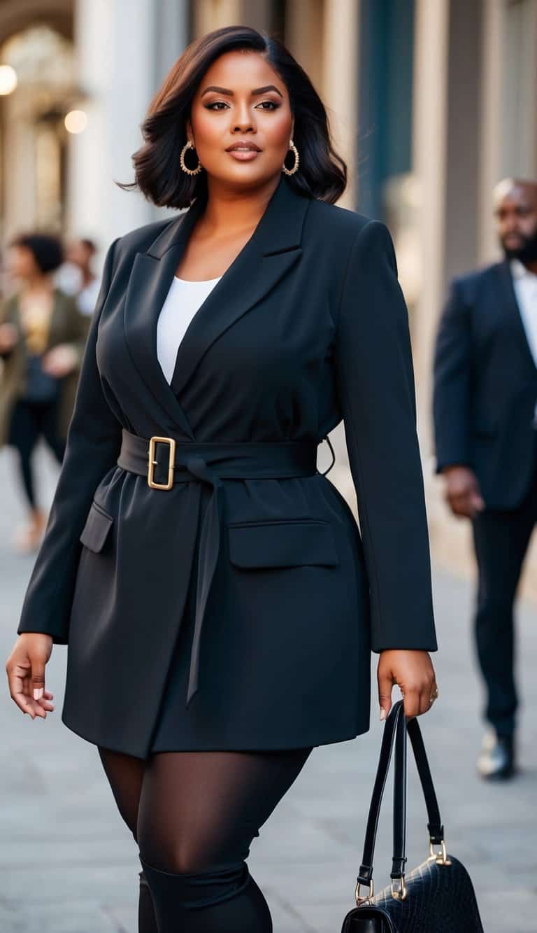 13 Blazer Outfit Ideas for Plus Size Women That Will Make Heads Turn! 11 A plus-size black blazer with a belted waist, paired with various outfits to command attention