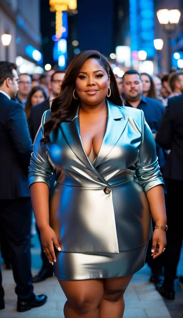 13 Blazer Outfit Ideas for Plus Size Women That Will Make Heads Turn! 13 A plus size woman in a metallic blazer stands confidently in a crowd, commanding attention with her stylish outfit for a night out