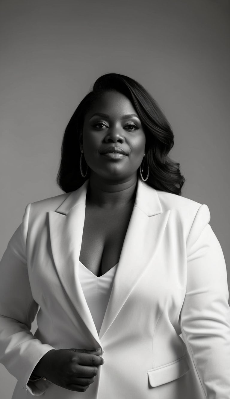 13 Blazer Outfit Ideas for Plus Size Women That Will Make Heads Turn! 14 A plus size woman in a minimalist blazer, exuding confidence and style, commanding attention with a monochrome look