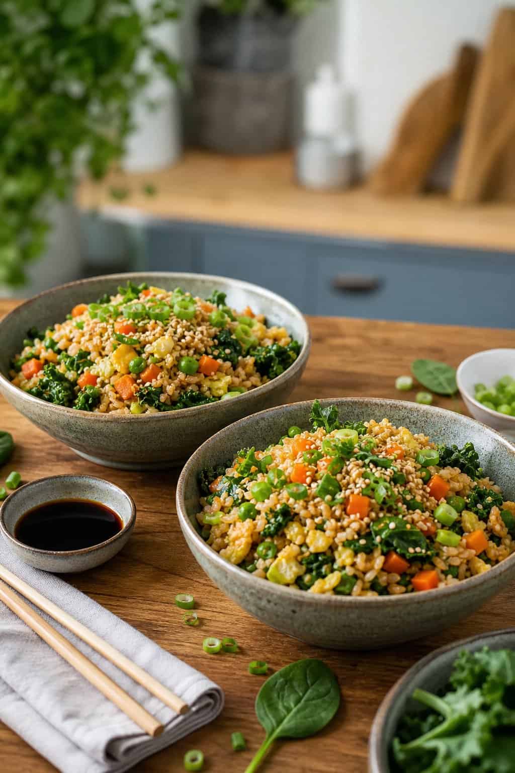 Two bowls of colorful veggie fried rice with greens on a wooden table, accompanied by chopsticks and a small bowl of soy sauce.