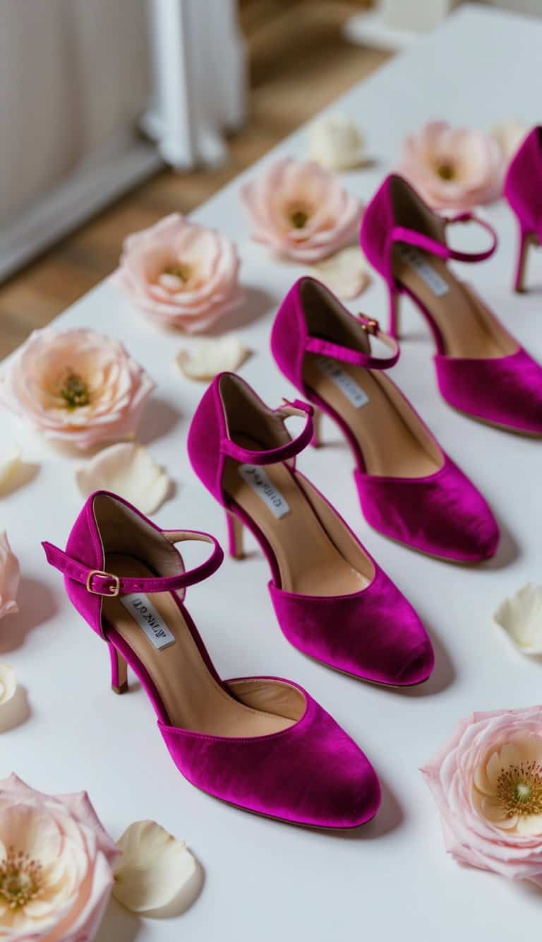 A row of pink velvet ankle-strap heels displayed on a white surface, surrounded by delicate rose petals and soft, feminine accessories