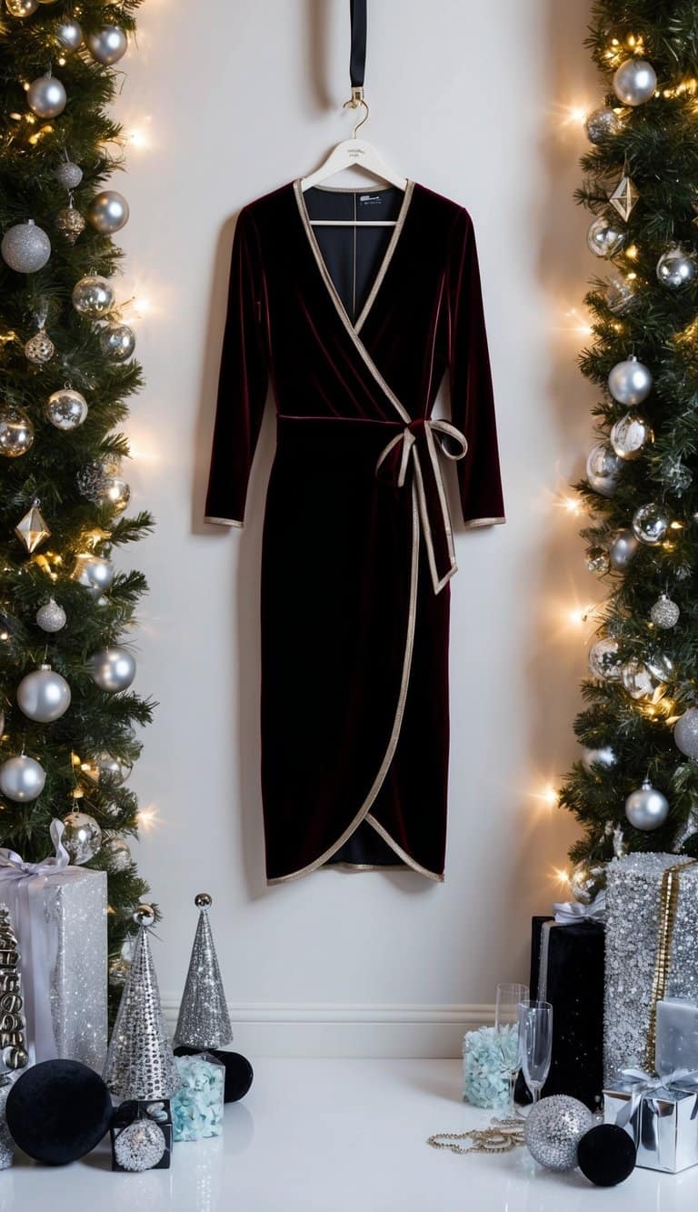 A luxurious velvet wrap dress hangs on a hanger, surrounded by sparkling accessories and festive decorations, creating a glamorous New Year's celebration scene