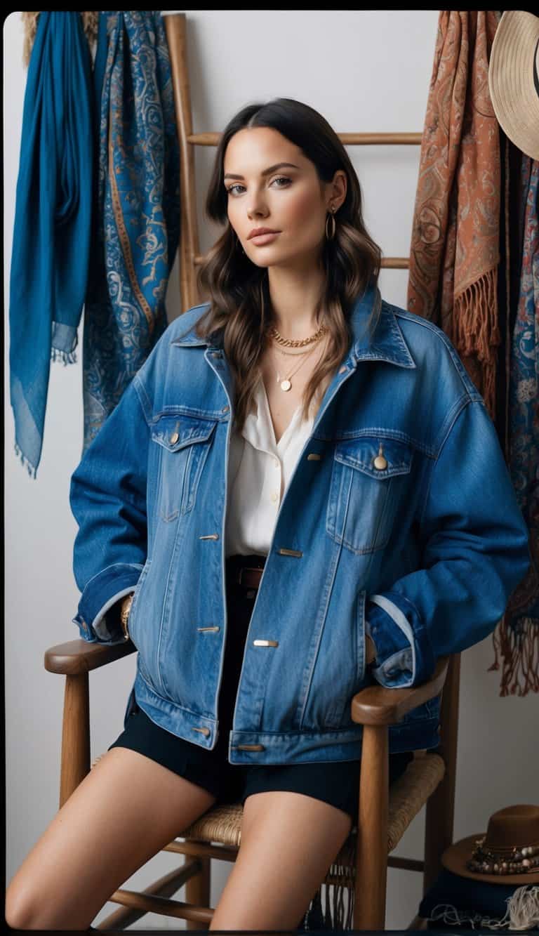 A vintage denim jacket draped over a wooden chair, surrounded by bohemian accessories like scarves, hats, and jewelry