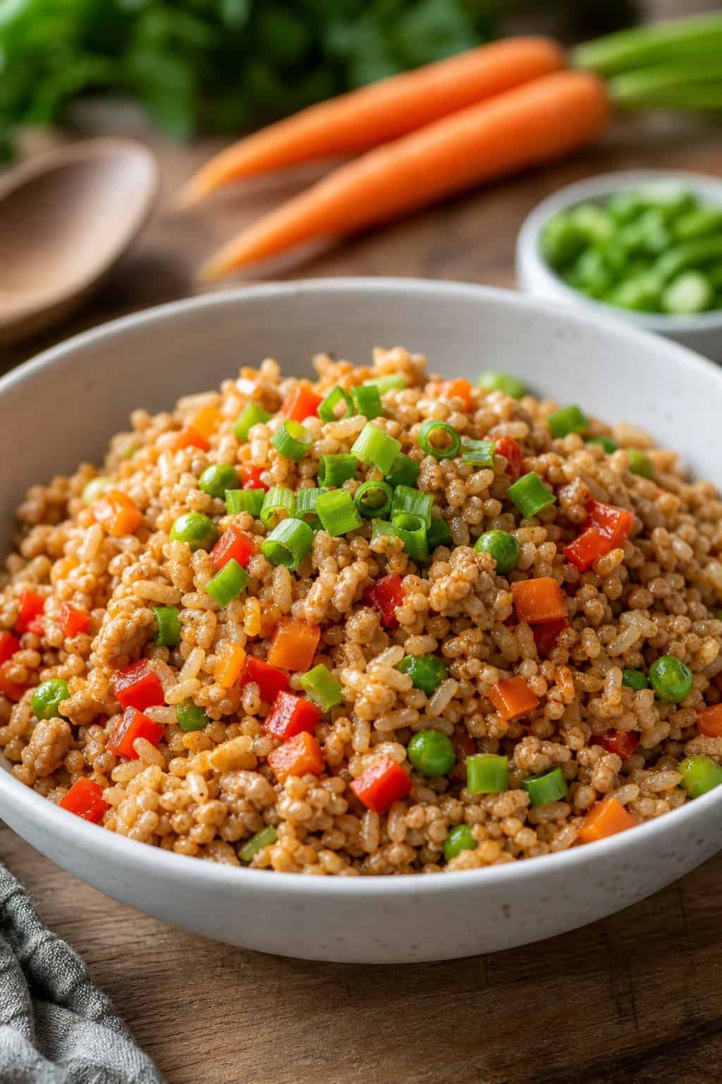 A bowl of minced chicken and vegetable fried rice with colorful diced vegetables on a wooden table.