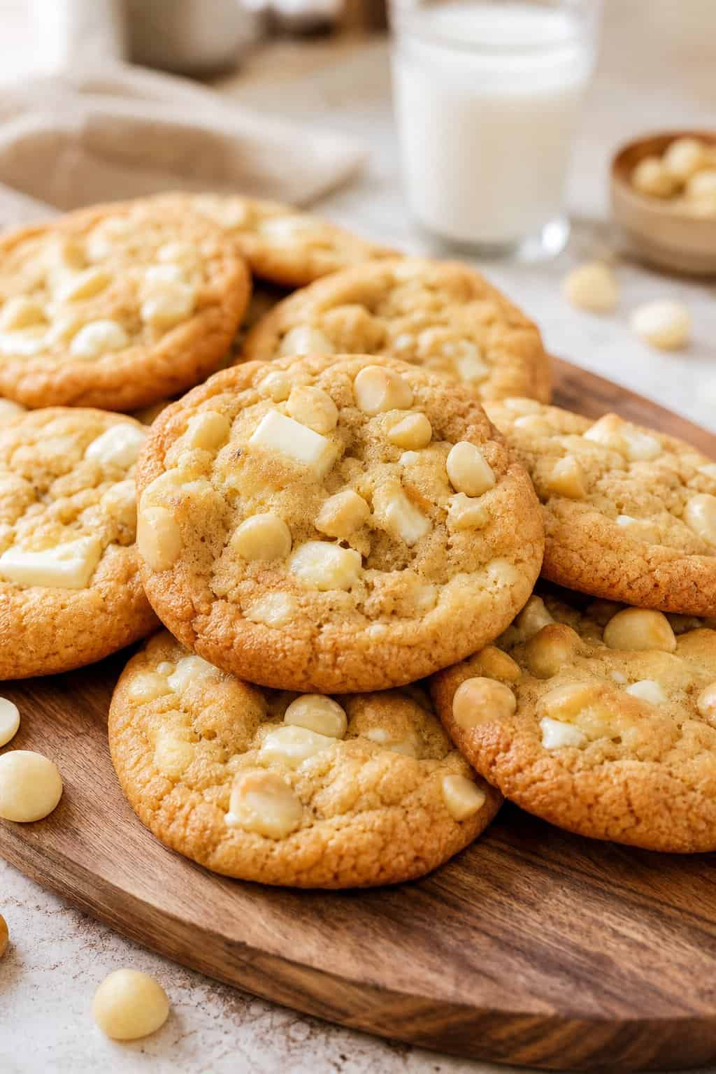 Close-up of white chocolate macadamia nut cookies on a wooden board with a glass of milk in the background.