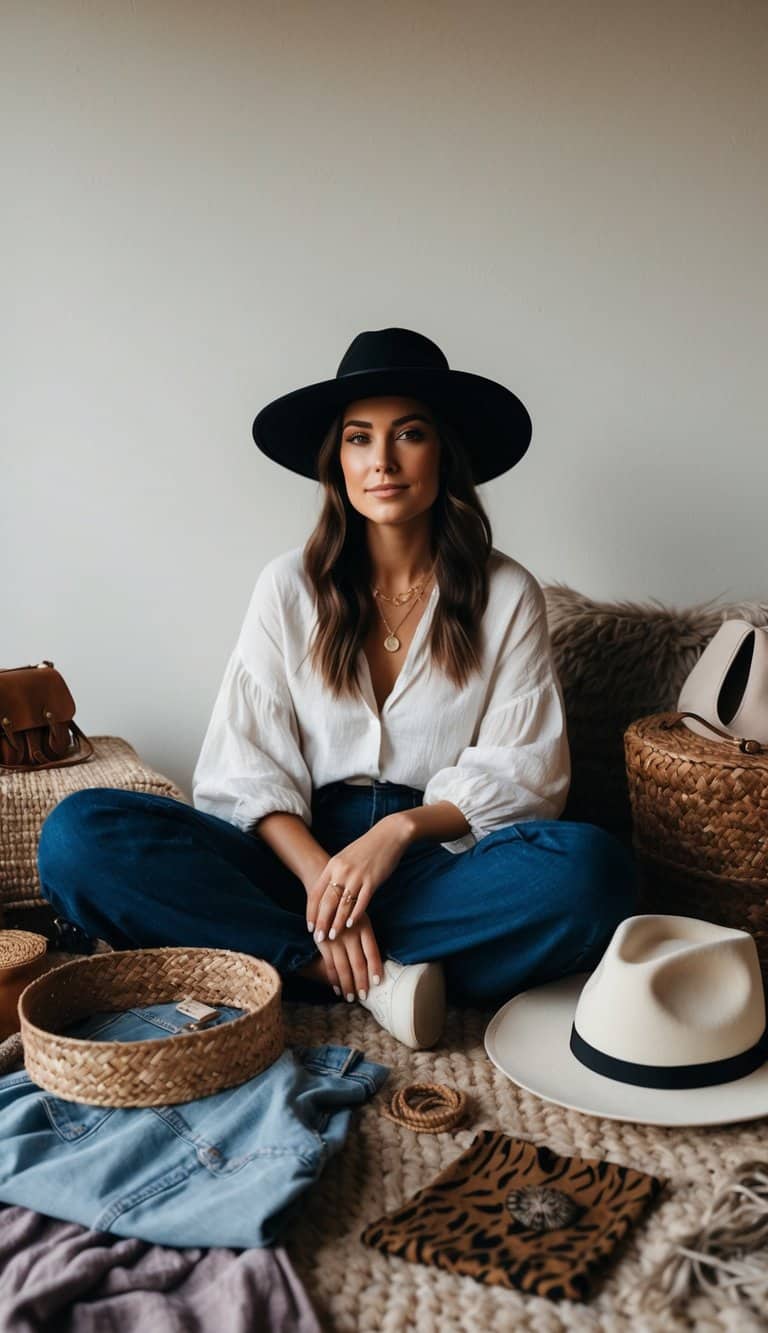 A wide-brimmed fedora hat surrounded by bohemian clothing and accessories, arranged in a stylish and effortless manner