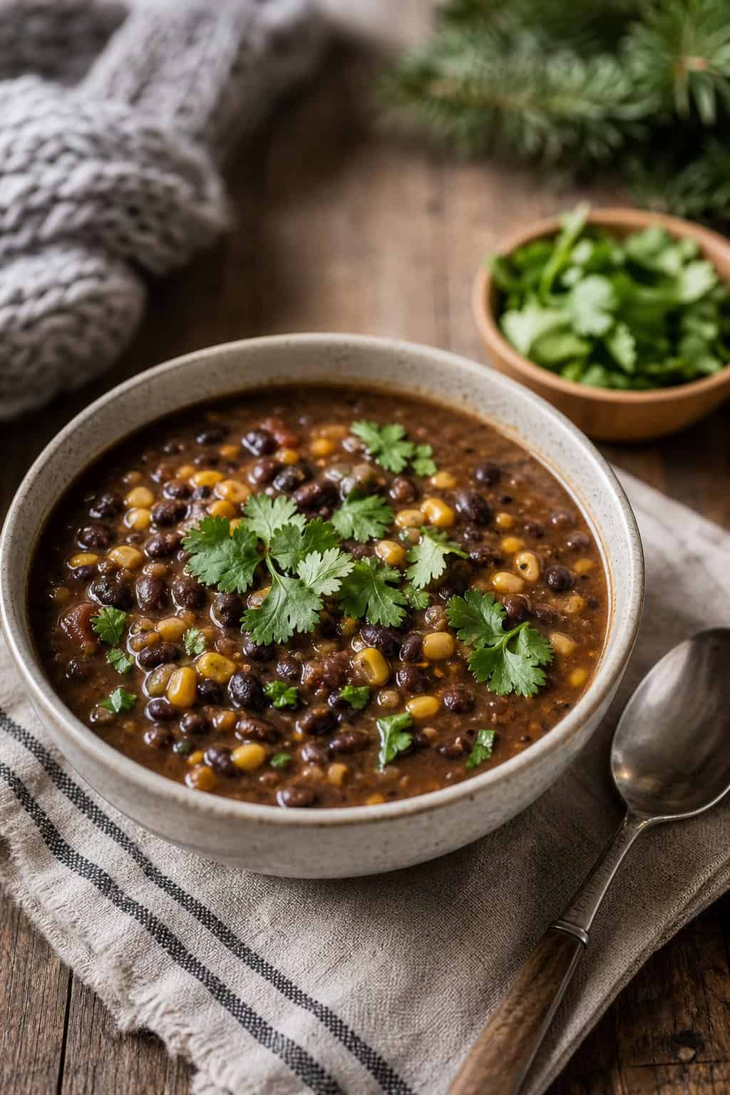 27 Cozy Healthy Soup Recipes for Winter 19 A bowl of black bean and sweet corn soup topped with fresh cilantro on a wooden table with a spoon and napkin nearby.