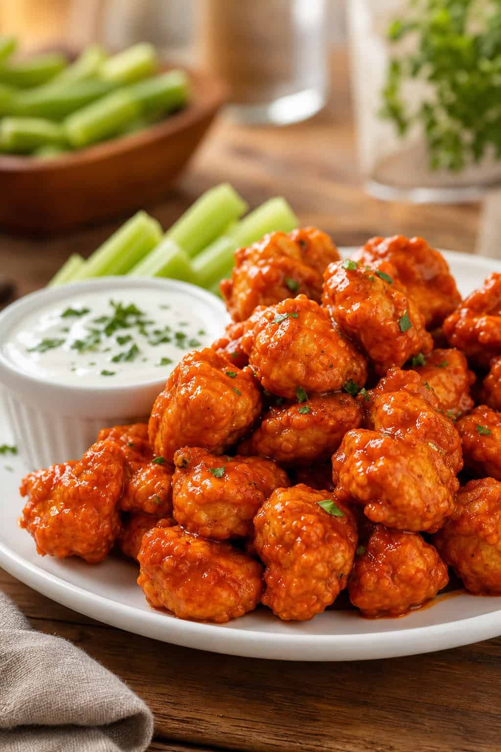 Plate of buffalo-style chicken bites with a bowl of ranch dip on a wooden table.