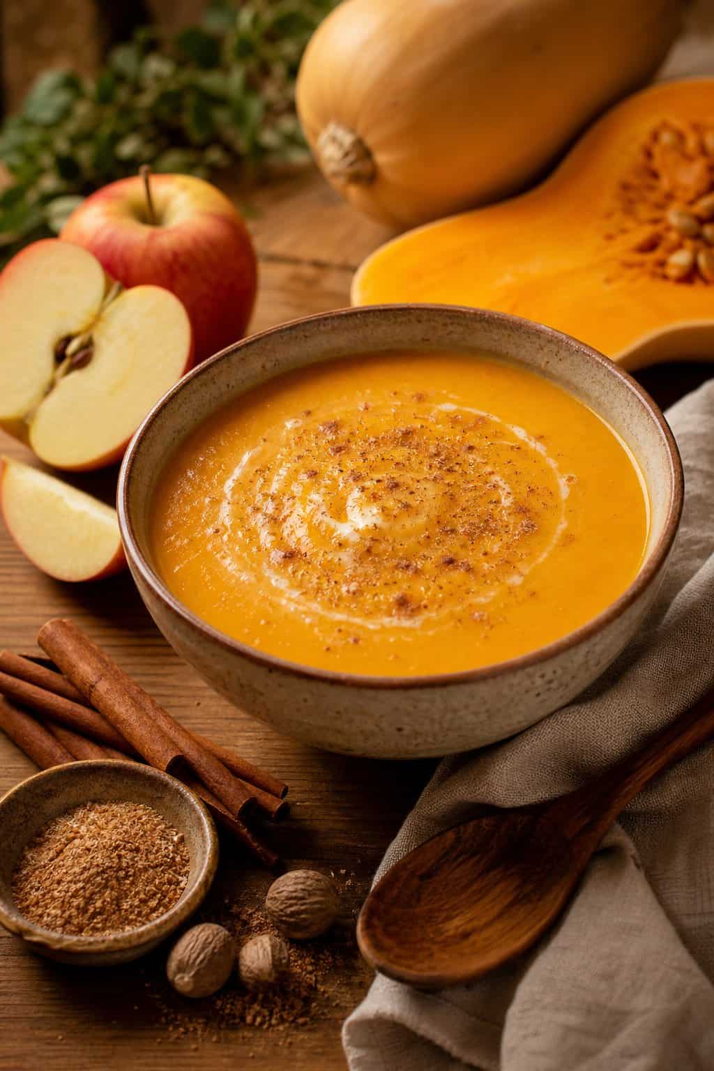 A bowl of butternut squash and apple soup garnished with nutmeg, surrounded by fresh squash, apples, and spices on a wooden table.