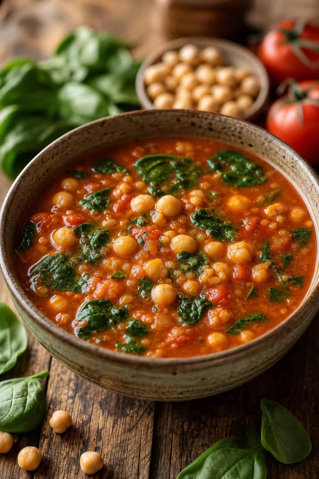 A bowl of chickpea, tomato, and spinach soup on a wooden table with fresh ingredients around it.