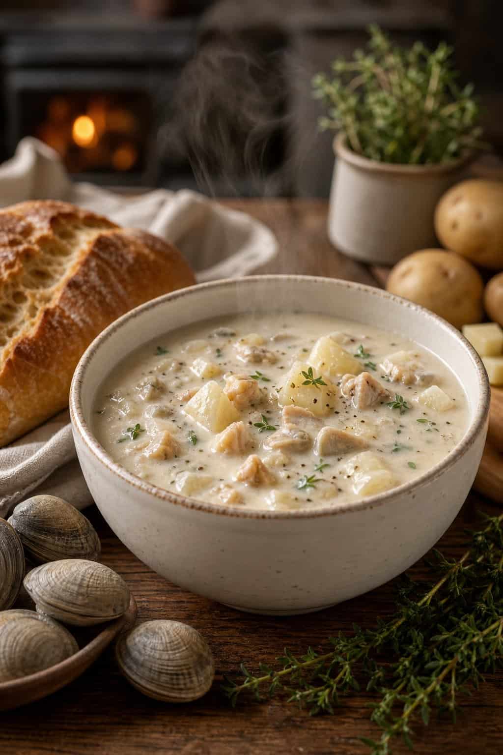 A steaming bowl of creamy New England clam chowder with clams and potatoes, surrounded by fresh ingredients and bread on a wooden table.
