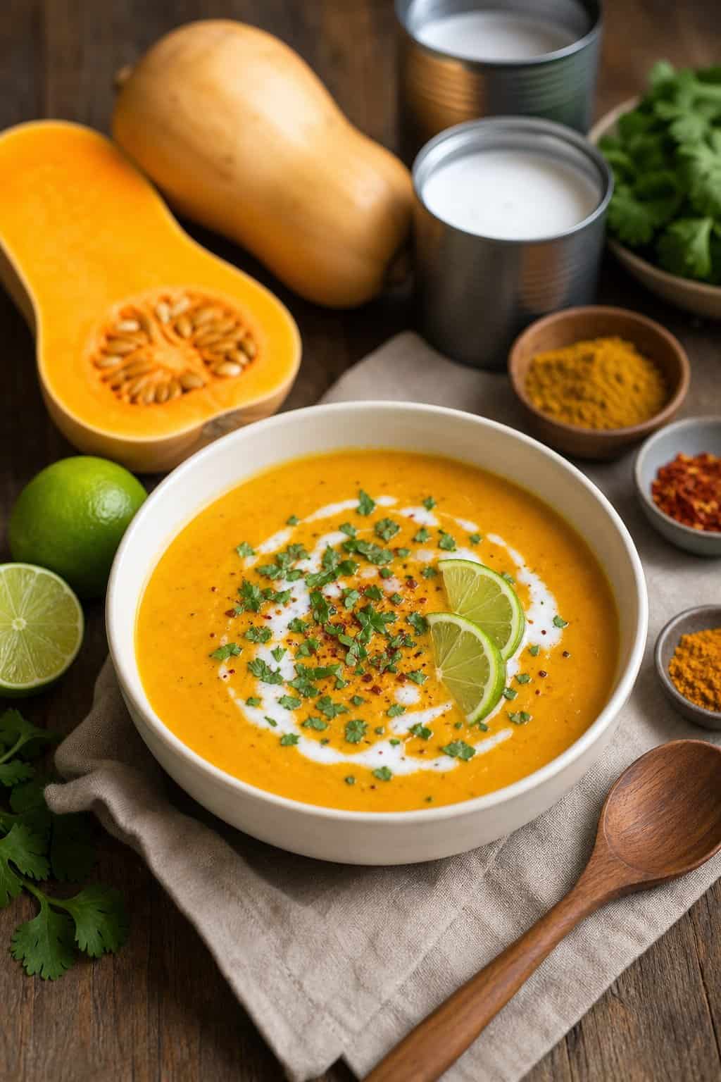 A bowl of coconut curried butternut soup garnished with lime wedges and herbs on a wooden table surrounded by ingredients.