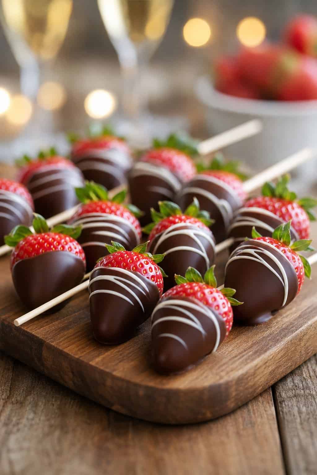 Close-up of chocolate-covered strawberries on wooden skewers arranged on a serving board.