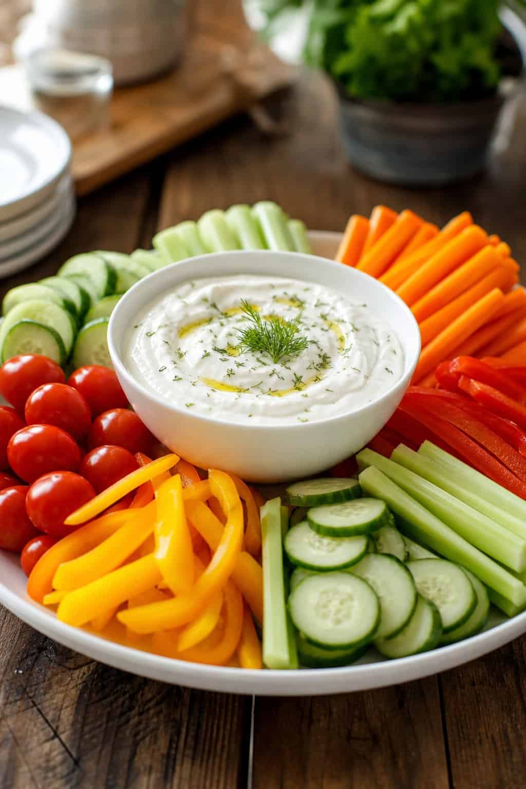 A bowl of Greek yogurt dip surrounded by an assortment of fresh vegetable sticks on a wooden table.