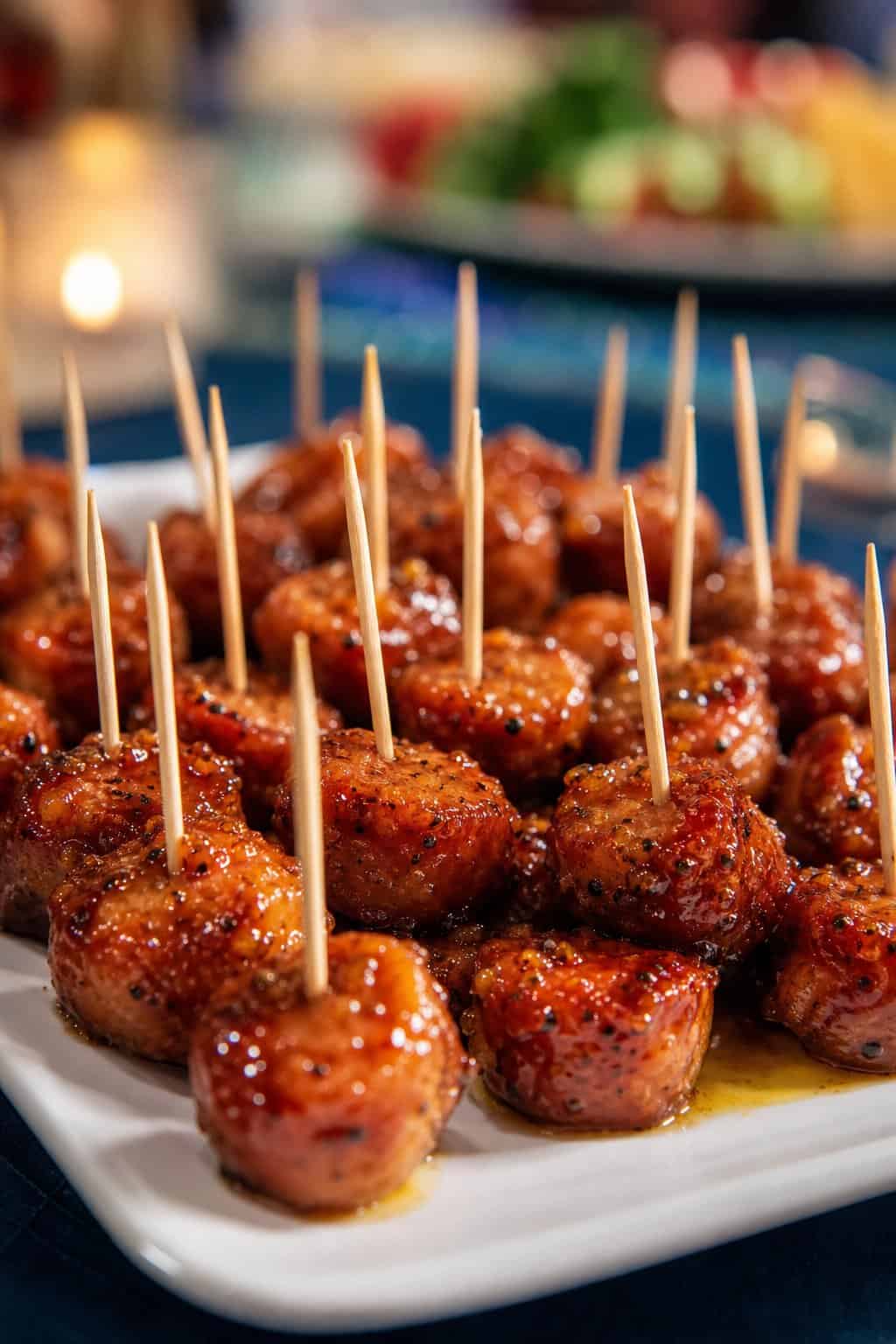 Close-up of honey-glazed sausage bites on toothpicks arranged on a white serving platter.