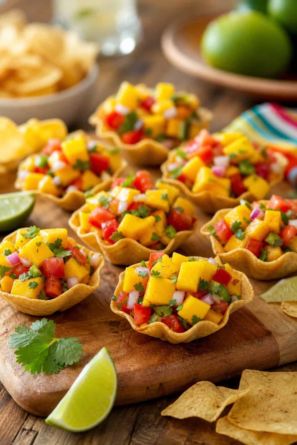 Clear tortilla chip cups filled with colorful mango salsa arranged on a wooden table with scattered tortilla chips and lime wedges.