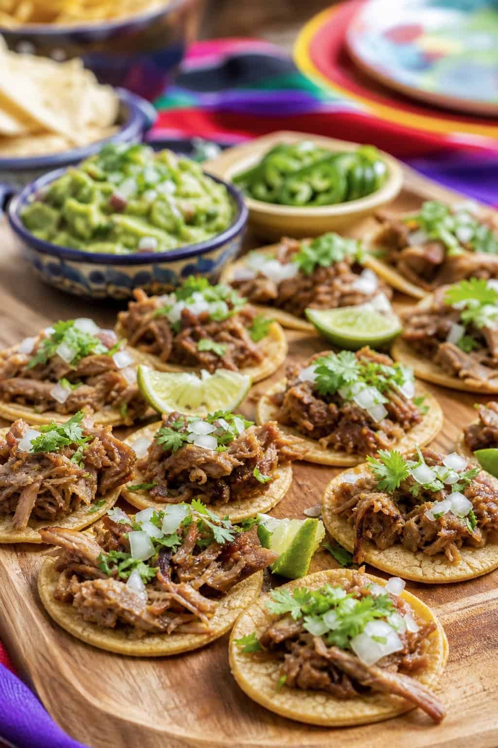 Mini street tacos filled with shredded carnitas, topped with cilantro and onions, arranged on a wooden platter with bowls of salsa and guacamole nearby.