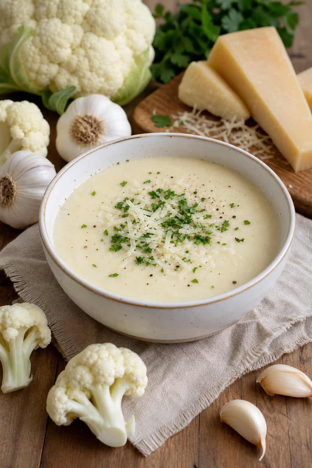 A bowl of creamy cauliflower and garlic soup garnished with Parmesan and parsley on a wooden table with fresh cauliflower and garlic nearby.